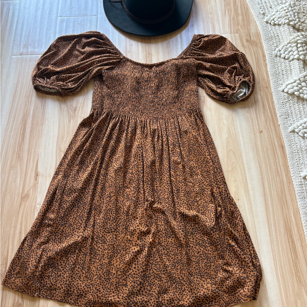 Vici Brown Smocked Puff Sleeve Midi Sundress